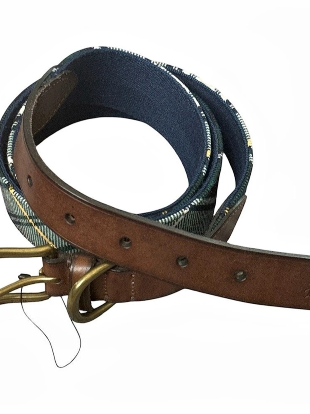 NEW Polo Ralph Lauren Leather-Trim Tartan Belt Brown & Green